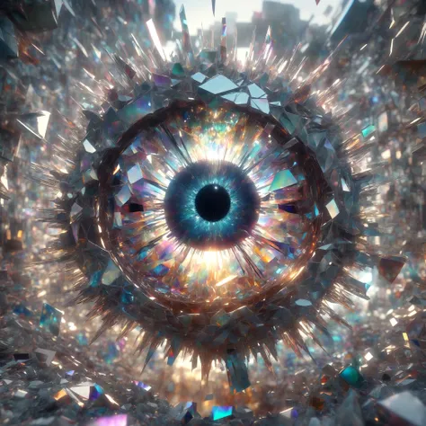 A giant glass eye in an ethereal void, shattered with large pieces breaking away, god rays behind that shine through creating brilliant colours, 8k, highly detailed, intricate sharp details