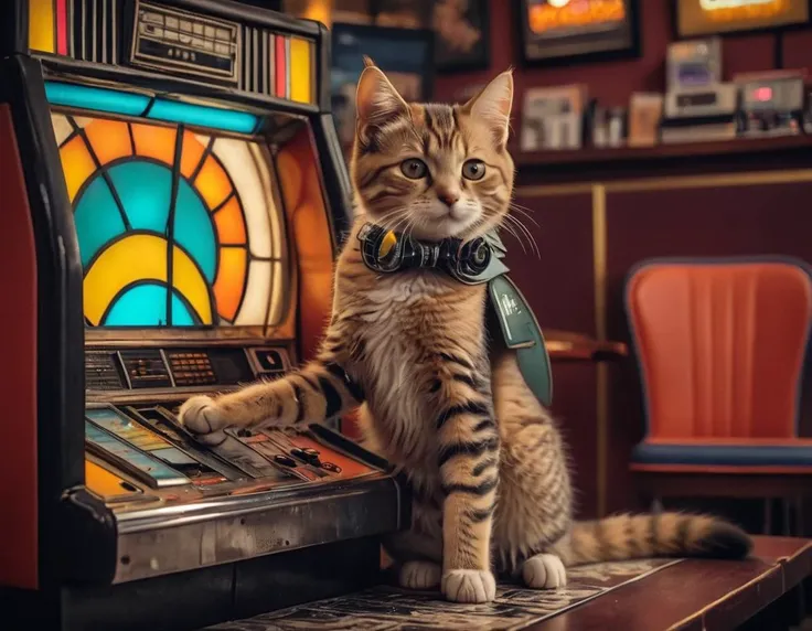 <lora:Kitty LoRA - Trigger with KTT Artstyle:1> ktt artstyle working as roguecoreat retro jukebox lounge