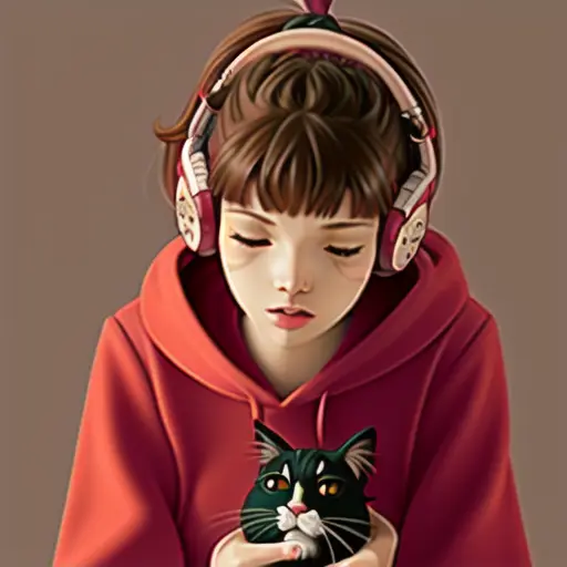 <lora:lofi-girl:1> lofi-girl, 1girl, solo, bangs, brown_hair, long_sleeves, holding, closed_eyes, upper_body, ponytail, indoors, hood, blunt_bangs, blurry, from_side, hoodie, profile, blurry_background, headphones, animal, cat, hood_down, short_ponytail, holding_animal, puckered_lips, holding_cat