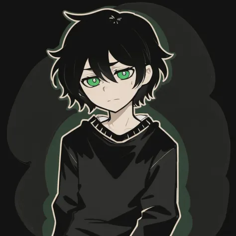 masterpiece, best quality, hires, high resolution, Andrew Graves , TCOAAL, white outline, bold outline, dark background, green eyes, black hair, 1boy, solo, monochrome:0.1, (black sweater:0.5), brown paper, embarrassed, sweat drop, long sleeves,, <lora:coffin_xdsl_x80_v0.3:1>