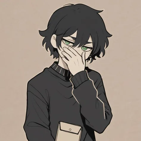 masterpiece, best quality, hires, high resolution, Andrew Graves , TCOAAL, white outline, bold outline, dark background, green eyes, black hair, 1boy, solo, monochrome:0.1, (black sweater:0.5), brown paper, embarrassed, sweatdrop, long sleeves, bags under eyes, hand on own face, covering face, <lora:coffin_xdsl_x80_v0.3:1>