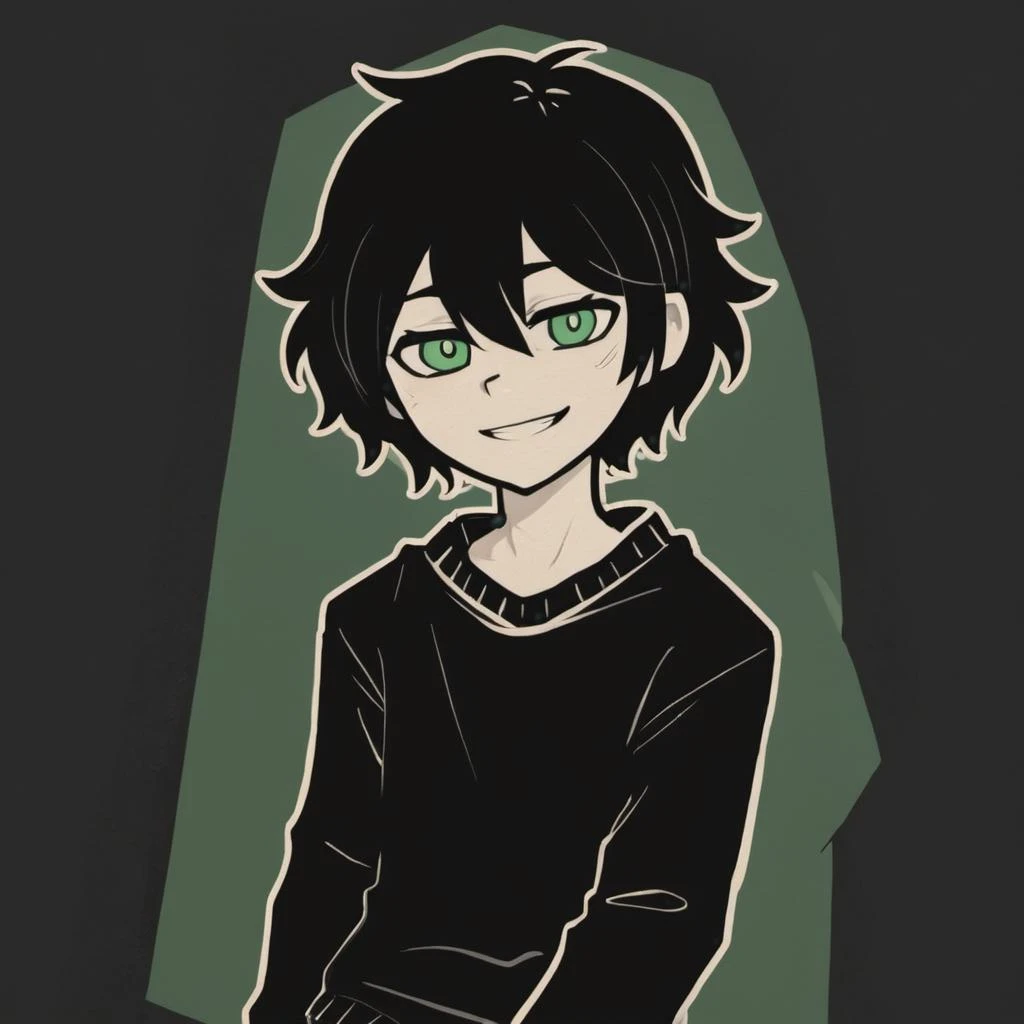 masterpiece, best quality, hires, high resolution, Andrew Graves , TCOAAL, white outline, bold outline, dark background, green eyes, black hair, 1boy, solo, monochrome:0.1, (black sweater:0.5), brown paper, smile, long sleeves,, <lora:coffin_xdsl_x80_v0.3:1>