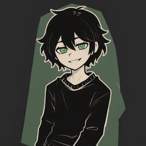 masterpiece, best quality, hires, high resolution, Andrew Graves , TCOAAL, white outline, bold outline, dark background, green eyes, black hair, 1boy, solo, monochrome:0.1, (black sweater:0.5), brown paper, smile, long sleeves,, <lora:coffin_xdsl_x80_v0.3:1>