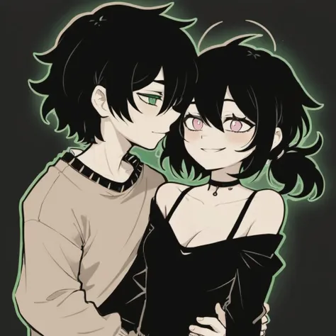 masterpiece, best quality, hires, high resolution, Andrew Graves and Ashley Graves kissing, TCOAAL, white outline, bold outline, dark background, green eyes, girl with (pink eyes:1.3), black hair, 1boy, 1girl, duo, monochrome:0.1, black sweater, bra strap, off shoulder brown paper, smile, looking at another, eye contact, cleavage, long sleeves, hetero, <lora:coffin_xdsl_x80_v0.3:1>