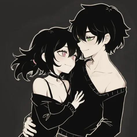 masterpiece, best quality, hires, high resolution, Andrew Graves and Ashley Graves kissing, TCOAAL, white outline, bold outline, dark background, green eyes, girl with (pink eyes:1.3), black hair, 1boy, 1girl, duo, monochrome:0.1, black sweater, bra strap, off shoulder brown paper, smile, looking at another, eye contact, cleavage, long sleeves, hetero, <lora:coffin_xdsl_x80_v0.3:1>