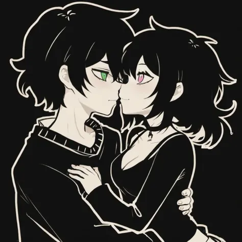 masterpiece, best quality, hires, high resolution, Andrew Graves and Ashley Graves kissing, TCOAAL, Andy Graves, white outline, bold outline, dark background, green eyes, girl with (pink eyes:1.3), black hair, 1boy, 1girl, duo, monochrome:0.1, brown paper, smile, looking at another, eye contact, cleavage, long sleeves, hetero, <lora:coffin_xdsl_x80_v0.3:1>