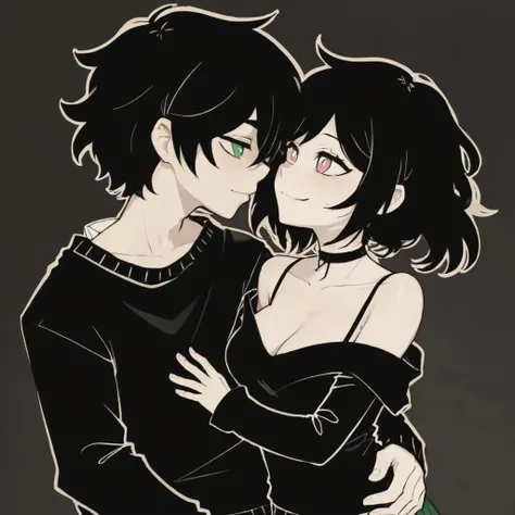 masterpiece, best quality, hires, high resolution, Andrew Graves and Ashley Graves kissing, TCOAAL, white outline, bold outline, dark background, green eyes, girl with (pink eyes:1.3), black hair, 1boy, 1girl, duo, monochrome:0.1, black sweater, bra strap, off shoulder brown paper, smile, looking at another, eye contact, cleavage, long sleeves, hetero, <lora:coffin_xdsl_x80_v0.3:1>