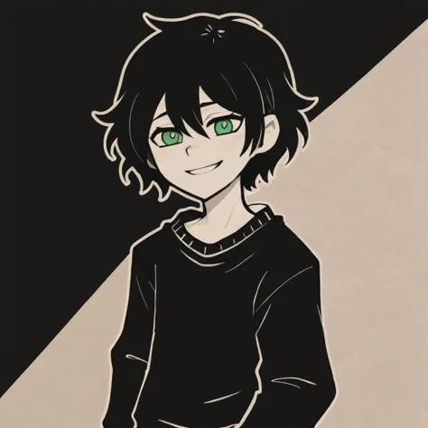 masterpiece, best quality, hires, high resolution, Andrew Graves , TCOAAL, white outline, bold outline, dark background, green eyes, black hair, 1boy, solo, monochrome:0.1, (black sweater:0.5), brown paper, smile, long sleeves,, <lora:coffin_xdsl_x80_v0.3:1>
