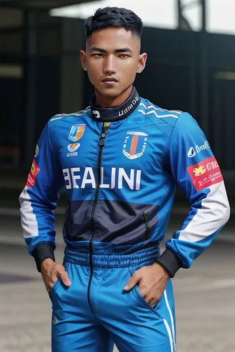 1man,Face of Pinoy, fade hairstyles, F1 RIDER SUIT , 8K UHD, Handsome face,BrutalMass