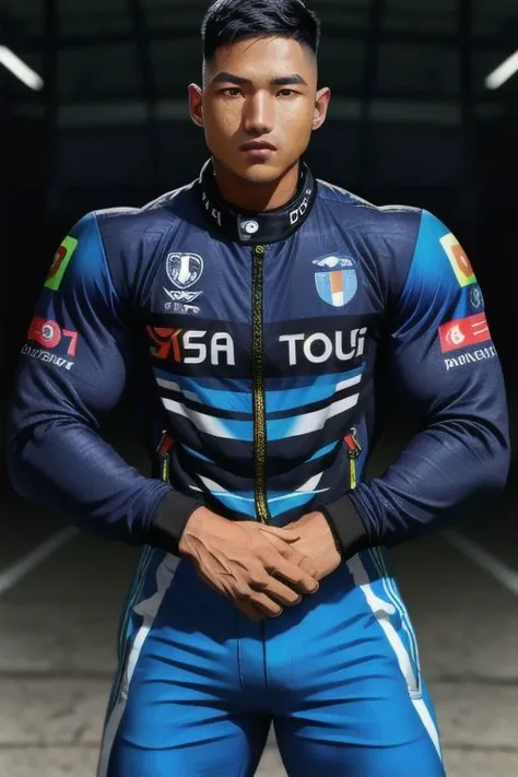 1man,Face of Pinoy, fade hairstyles, F1 RIDER SUIT , 8K UHD, Handsome face,BrutalMass