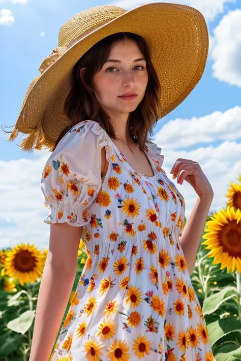 DEN_princess_tay,
(walking through a field of sunflowers wearing a (summer dress:1.3) and sun hat, field, sunflowers, summer, scenic:1.2), <lora:ClothingAdjuster3:-1.3>, bokeh, f1.4, 40mm, photorealistic, raw, 8k, textured skin, skin pores, intricate details  <lora:epi_noiseoffset2:1>, epiCRealism