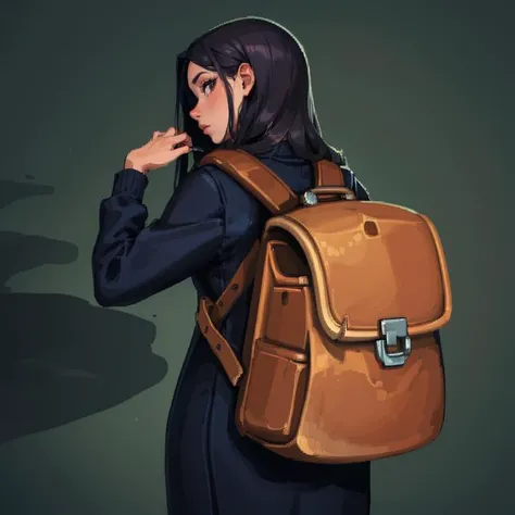 ((masterpiece,best quality)), absurdres,
1girl, from behind, looking at viewer, 
<lora:FantasyIcons_Bags_and_Boxes:0.8>, simple background,
satchel,