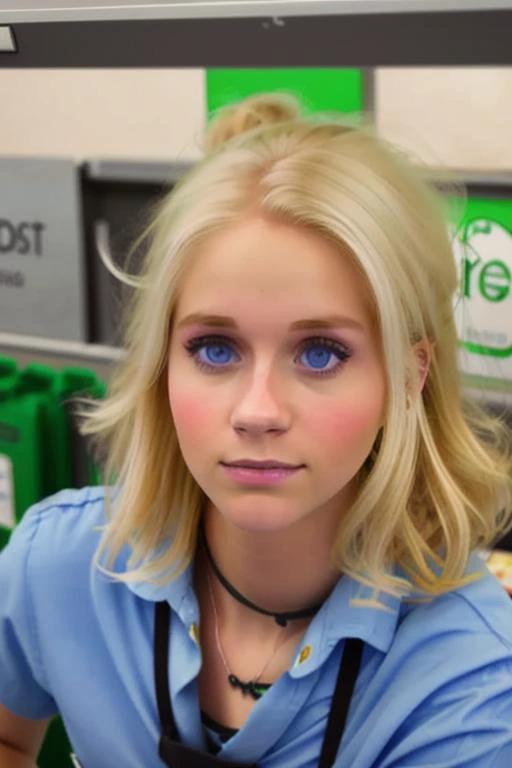 a beautiful [blonde] working at the grocery store, close up, perfect face, clear eyes, perfect day, [suprised], 8k, uhd, raw, masterpiece <lora:janoukKelderman:1>