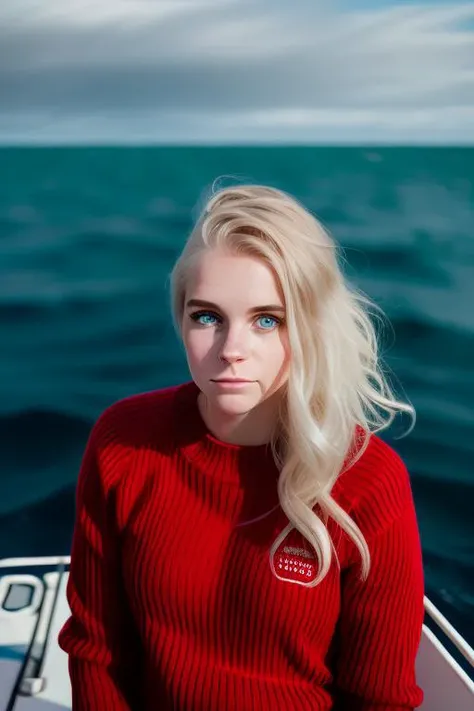 raw photo of a young woman, perfect face, perfect day, at sea in a red dingy, white knit sweater, beautiful face, center frame, (upper body), sharp focus, 8k uhd