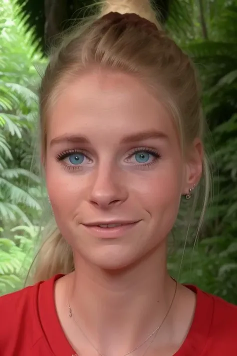 raw photo of a young woman, perfect face, perfect day, [happy to see you], surprised you are here so early, in the jungle for a research project, center frame, upper body, sharp focus, 8k uhd