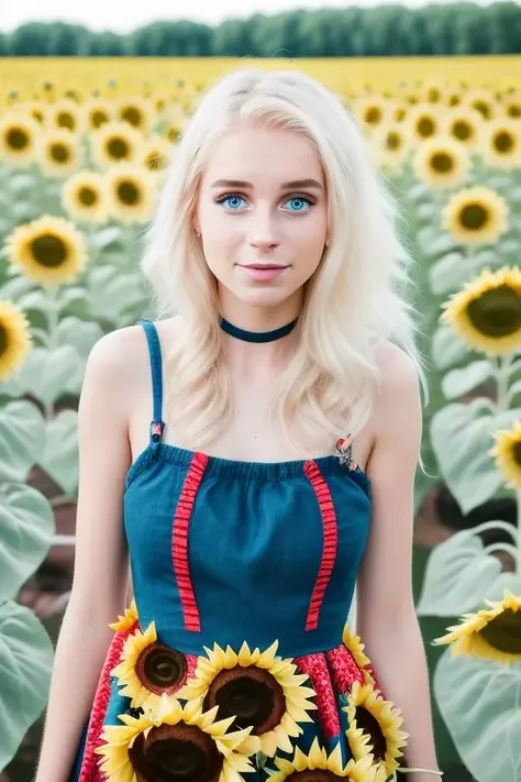 raw photo of a young woman, perfect face, perfect day, [happy to see you], surprised you are here so early, in a sunflower field, in a cute sundress, center frame, upper body, sharp focus, 8k uhd