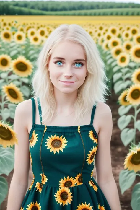 raw photo of a young woman, perfect face, perfect day, [happy to see you], surprised you are here so early, in a sunflower field, in a cute sundress, center frame, upper body, sharp focus, 8k uhd