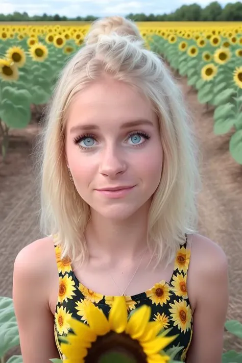 raw photo of a young woman, perfect face, perfect day, [happy to see you], surprised you are here so early, in a sunflower field, under a sunflower's shade, in a cute yellow sundress, center frame, (upper body), sharp focus, 8k uhd