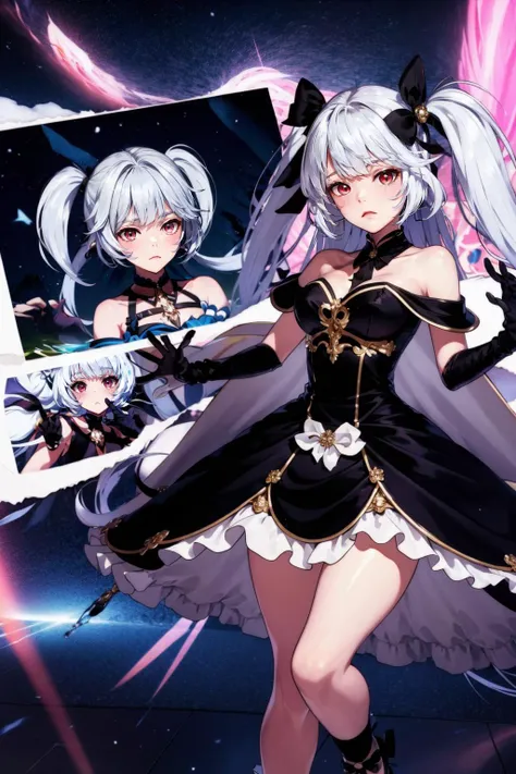 <lora:BgAnime-000006:0.8>, BgAnime, multiple girls, BREAK long_hair, looking_at_viewer, red_eyes, gloves, dress, holding, bare_shoulders, twintails, full_body, white_hair, multicolored_hair, frills, black_gloves, elbow_gloves, black_footwear, black_dress, frilled_dress, top_hat, duel_monster, (masterpiece,best quality:1.5), ultra realistic,32k,RAW photo,(high detailed skin:1.2), 8k uhd, dslr, soft lighting, high quality, film grain