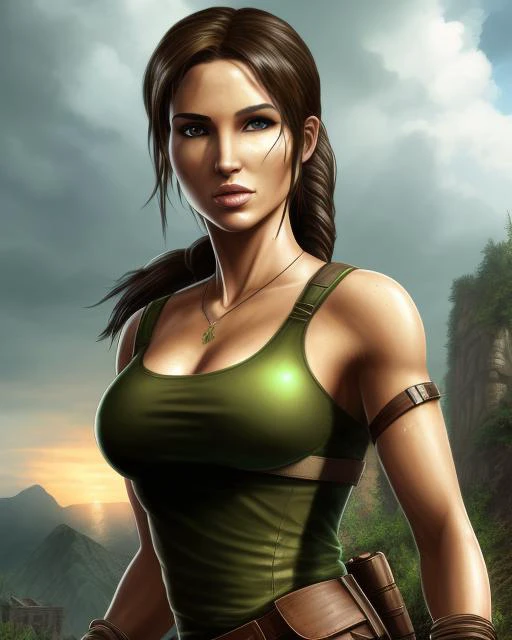 (intricate portrait:1.2) masterpiece of (Lara Croft from Tomb Rider:1.3) on top of a mountain, clean face, unreal stormy sky and a ruined city in the background, (front view:1.1), centered, looking at the camera, (tight ruined green top shirt:1.2), (big breast:1.4), tight brown pants, brown hair tied back, (highly detailed:1.2), volumetric light, photorealistic, cinematic lighting, natural light, unreal engine, smooth skin, glowing skin, detailed hair, detailed face, intricate details