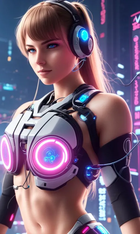 cyborg woman with a visible detailed brain, muscles cable wires, detailed cyberpunk background with neon lights, biopunk, cybernetic, unreal engine, CGI, ultra detailed, 4k, Bernardo Bellotto style