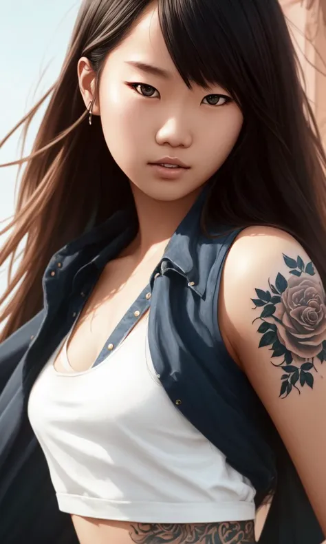 mdjrny-v4 style, a young asian girl with full body tattoo, a highly detailed face, by Greg Rutkowski and Magali Villeneuve, beautiful eyes, cinematic lighting, Hyperrealism, full body shot