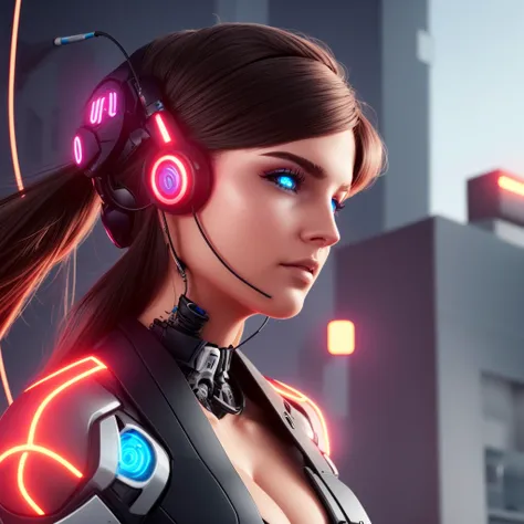 cyborg woman with a visible detailed brain, muscles cable wires, detailed cyberpunk background with neon lights, biopunk, cybernetic, unreal engine, CGI, ultra detailed, 4k, ((horror punk))