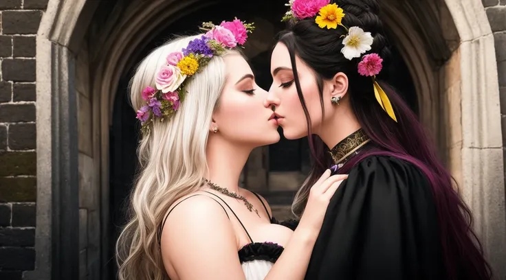 a detailed painting of girls with sprigs and flowers in her hair. wearing corset frills, inspired by Alexander Bogen, Greg Rutkowski. black-white-pink-silver-yellow colors, full dynamic color, close up character, intricate punk woman with runic face tattoos, kiss, hug, kissing breasts, short blonde hair, in a shadowed archway, medieval, urban, alley, night