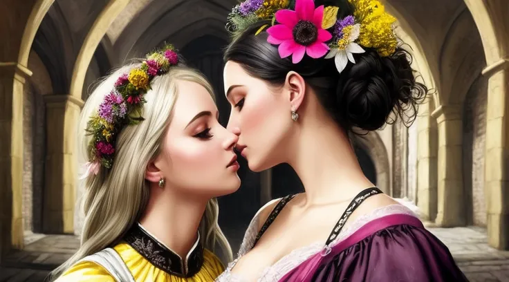 a detailed painting of girls with sprigs and flowers in her hair. wearing corset frills, inspired by Alexander Bogen, Greg Rutkowski. black-white-pink-silver-yellow colors, full dynamic color, close up character, intricate punk woman with runic face tattoos, kiss, hug, kissing breasts, short blonde hair, in a shadowed archway, medieval, urban, alley, night