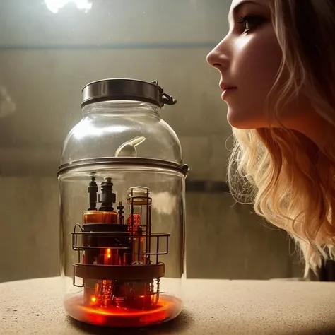 (from below:1.3)photography of a woman bathing in a jar. steampunk