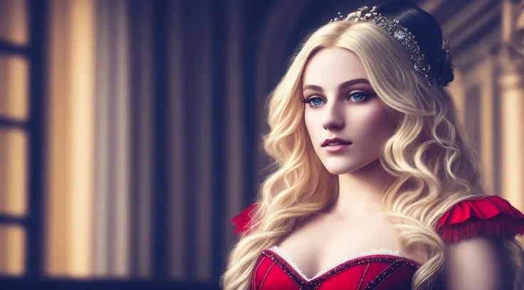 tiktok girl, close up (standing:1.22) blonde hair , long-hair , victorian era , red (dancer) , inside (operahouse, theater) , jewelry, (full_body:1.4), (realistic:1.4), masterpiece, high quality, realistic lighting, center of frame, 8k, hdr, amateur, (freckles:0.81) , photography, amateur