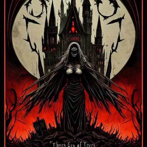 travel poster from the depths of hell, depicting an apocalyptic scene with a twisted, dark gothic aesthetic. Incorporate elements of the occult and ominous imagery, but present it in a light, whimsical manner as if it were a tourist destination.