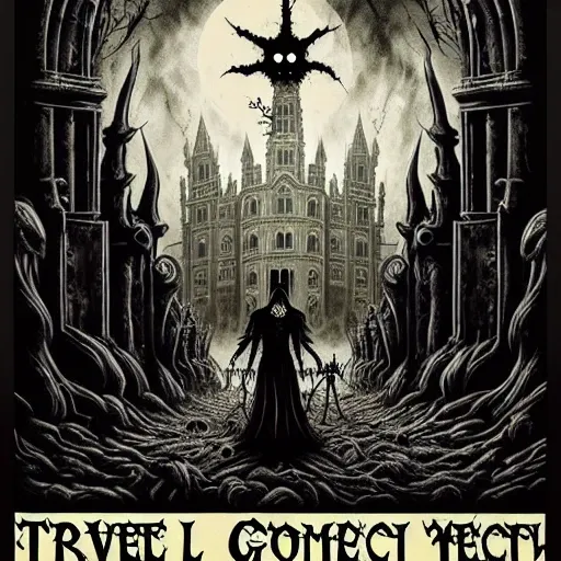 travel poster from the depths of hell, depicting an apocalyptic scene with a twisted, (dark gothic aesthetic:1.2). (occult:1.2), (ominous imagery:1.1), (whimsical:1.2), (tourist destination:1.2)
