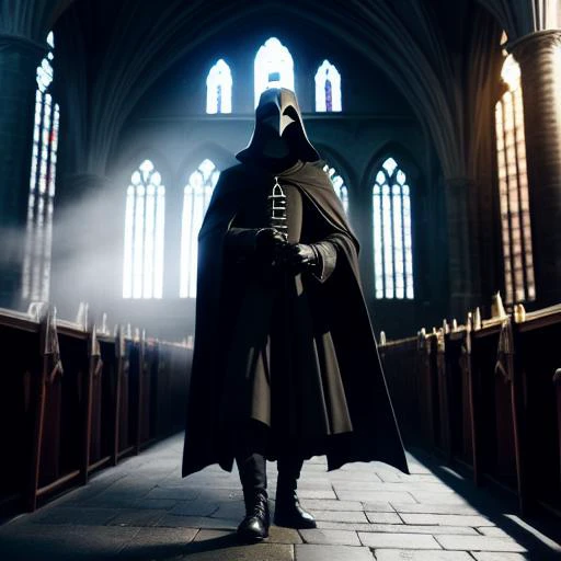 A  plague doctor in an medieval cathedral,   occult, dark theme, volumetric light, natural light, eyes hidden, dark lighting, gloomy