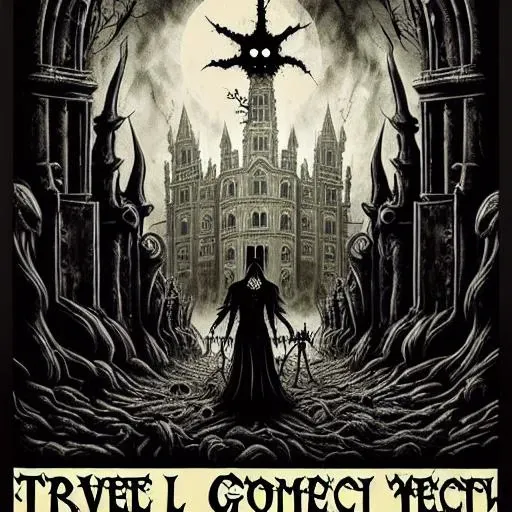 travel poster from the depths of hell, depicting an apocalyptic scene with a twisted, (dark gothic aesthetic:1.2). (occult:1.2), (ominous imagery:1.1), (whimsical:1.2), (tourist destination:1.2)