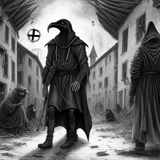 Depict a medieval plague doctor walking through a village ravaged by disease and death. Show the doctor's stoic expression as he navigates the chaos around him, with bodies lining the streets and despair etched on the faces of the survivors. The scene should convey a sense of dread and hopelessness, with dark and evil overtones