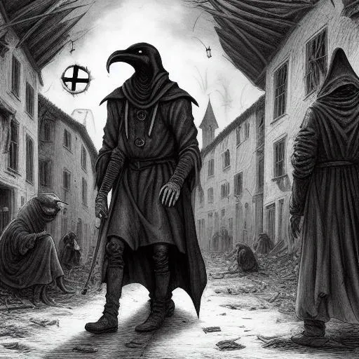 Depict a medieval plague doctor walking through a village ravaged by disease and death. Show the doctor's stoic expression as he navigates the chaos around him, with bodies lining the streets and despair etched on the faces of the survivors. The scene should convey a sense of dread and hopelessness, with dark and evil overtones