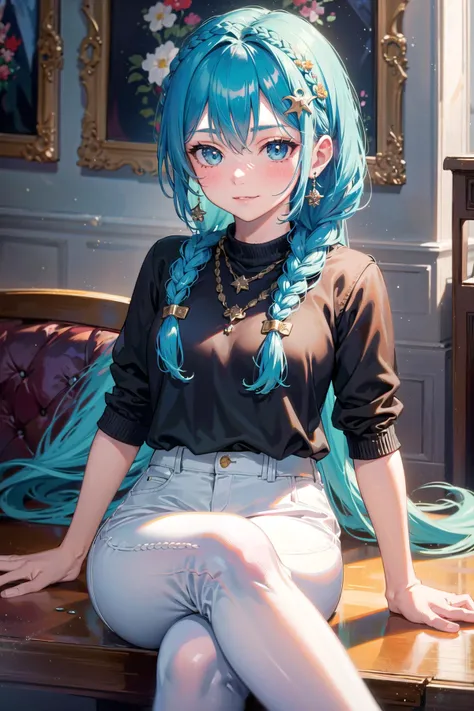 (highly detailed:1.3), 
1girl, solo, smirk, blush, blue hair, (hair ornament:1.1), 
<lora:AnzhcMiku:0.9>, anzhcmiku, (braided ponytail:1.3), jewelry, earrings, white short shorts, (open pants:1.2), black pantyhose, sitting, 
Ultra-detail, (highres:1.1), best quality, (masterpiece:1.3), cinematic lighting, 
<lora:edgPullovers:1>, edgPO, wearing edgPO pullover, sweater,