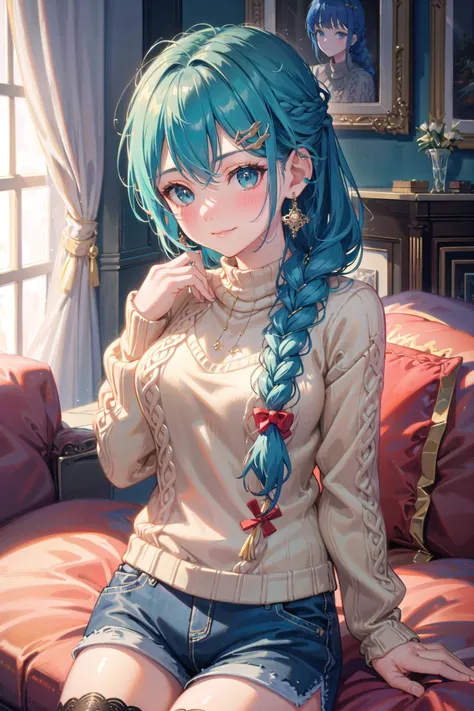 (highly detailed:1.3), 
1girl, solo, smirk, blush, blue hair, (hair ornament:1.1), 
<lora:AnzhcMiku:0.9>, anzhcmiku, (braided ponytail:1.3), jewelry, earrings, shorts, thighhighs, sitting, 
Ultra-detail, (highres:1.1), best quality, (masterpiece:1.3), cinematic lighting, 
<lora:edgPullovers:1.05>, (edgPO:1.1), (wearing edgPO pullover:1.3), (sweater:1.4),