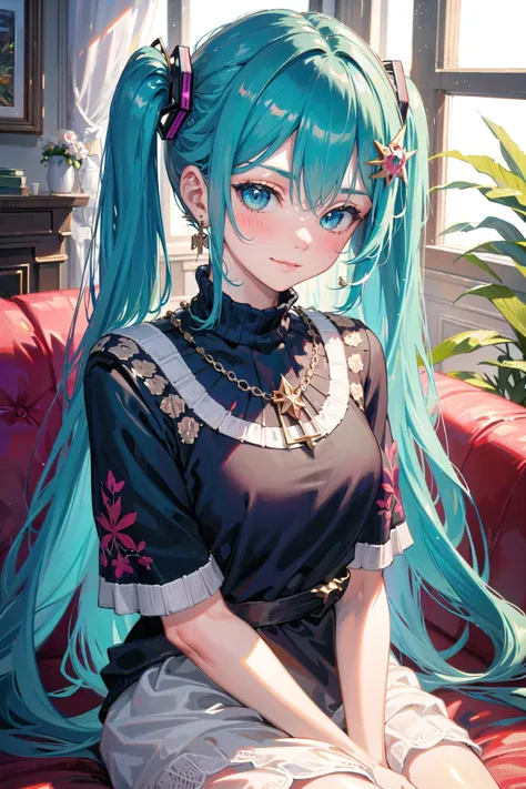 (highly detailed:1.3), 
1girl, solo, smirk, blush, blue hair, (hair ornament:1.1), 
<lora:AnzhcMiku:1>, anzhcmiku, (mullet:1.3), (sitting backwards:1.1), (clothing cutout:1.1), jewelry, earrings, 
Ultra-detail, (highres:1.1), best quality, (masterpiece:1.3), cinematic lighting, 
<lora:edgPullovers:1>, edgPO, (wearing edgPO pullover:1.2), (sweater:1.2),