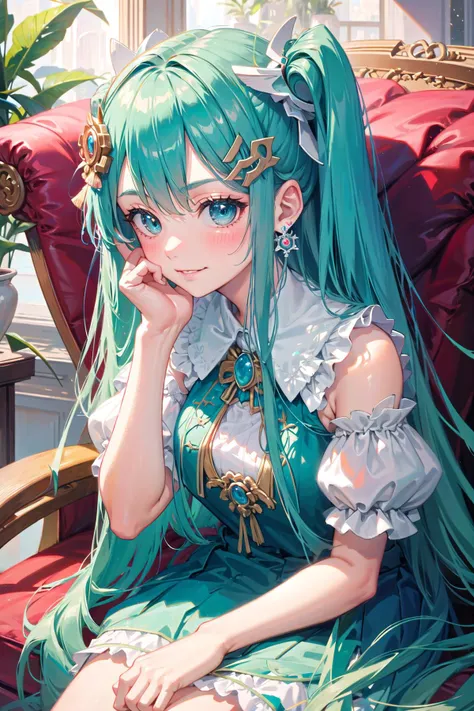 (highly detailed:1.3), 
1girl, solo, smirk, blush, blue hair, (hair ornament:1.1), 
<lora:AnzhcMiku:1>, anzhcmiku, (hime cut:1.3), (sitting backwards:1.1), (clothing cutout:1.1), jewelry, earrings, 
Ultra-detail, (highres:1.1), best quality, (masterpiece:1.3), cinematic lighting, 
<lora:edgPullovers:1>, edgPO, wearing edgPO pullover, sweater,