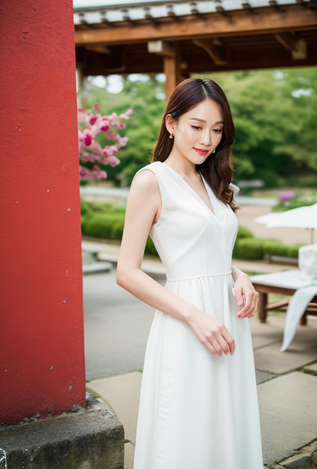 A woman in a white dress standing in front of a red building - SeaArt AI