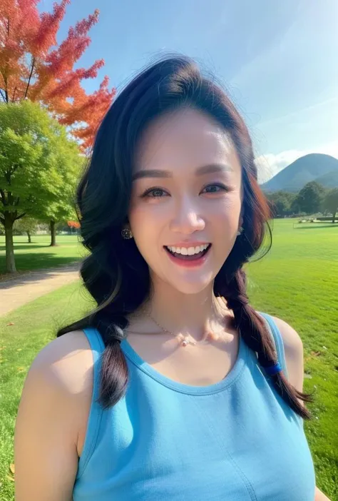 official art, masterpiece, sharp focus, (Beautiful, gorgeous and cute Korean woman:1.3), (beautiful and cute korean:1.3), Korean beauty, exquisite beautiful hair、eyes and face, actual, Super detailed, beautiful girl, blue sky, Glowing white particles, (side light:1.2), sunshine, Baiyun, Detailed cloud, thin and long, Lovely big breasts and big butt, smile with teeth, ((smile with eyes, open your eyes)), landscape, long, straight hair, sexy facial expression, dynamic hair, long, straight hair, Detailed platinum pink hair, glowing blue eyes, (blue pleated shirt + white skirt), white stockings, pale skin, hair accessories, epic landscape,