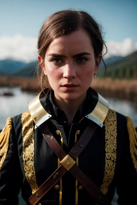 A stunning intricate full color portrait of hnh, wearing a a steamboat warrior outfit, epic character composition, by ilya kuvshinov, alessio albi, nina masic, sharp focus, natural lighting, subsurface scattering, f2, 35mm,<lyco:HannahHoekstra-RealVision-V1.0:1.0>
