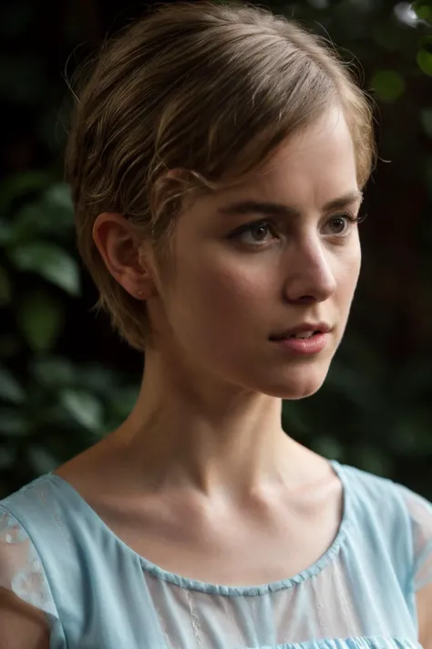 photoshoot of hnh, (blonde hair), (pixie cut), , detailed skin texture, (blush:0.2), (goosebumps:0.3), (light blue dress), subsurface scattering, Photorealistic, Hyperrealistic, Hyperdetailed, analog style, hip cocked, demure, detailed skin, matte skin, soft lighting, subsurface scattering, realistic, heavy shadow, masterpiece, best quality, ultra realistic, 8k, golden ratio, Intricate, High Detail, film photography, soft focus ,<lyco:HannahHoekstra-RealVision-V1.0:1.0>