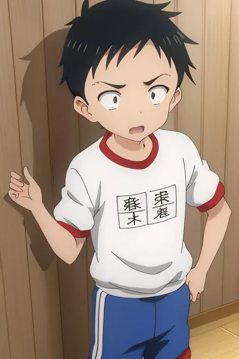 <lora:NishikataV-15:1>, Nishikata1,
Quality: highres, top quality, stunning art, detailed
Character details: 1boy, male focus, solo, wide-eyed, constricted pupils
Clothing 3: white shirt, gym uniform, gym shirt, short sleeves, gym shorts
Situation:
Location: