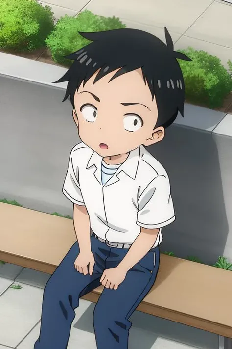 <lora:NishikataV-15:1>, Nishikata1,
Quality: highres, top quality, stunning art, detailed
Character details: 1boy, male focus, solo, wide-eyed, constricted pupils
Clothing 2: white shirt, collared shirt, blue pants
Situation: standing
Location: outdoors, plant, street,head tilt, from above, sitting, sitting on bench, looking at viewer,