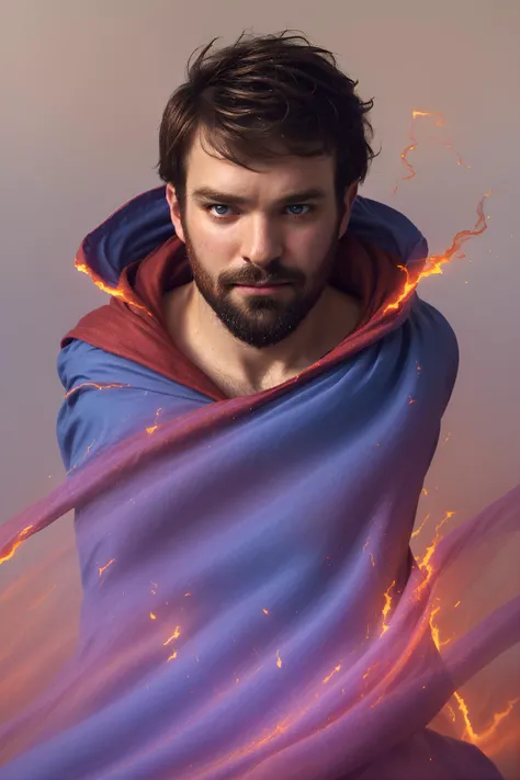 professional candid photo of a (embedding:GS-Masculine:0.8) mage, (sks person:1 male) blue eyes, wearing fiery embedding:kkw-el-fire (blood red thistle robes) voluminous cape, ornate velvet, bronze, obsidian, burning ether streams, mana streams around, djinn magic embedding:kkw-el-sand dust glow, moody, ambient, atmospheric, portrait, solo, masterpiece, high quality, depth of field, bokeh, sharp focus