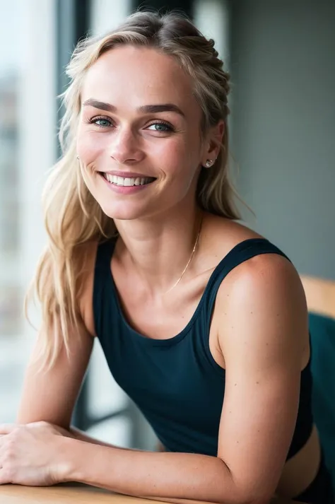 photo of (IreneSchouten_V1), a (woman:1.2) wearing fitness wear, (extremely detailed CG unity 8k wallpaper), (ligt highlights in hair), looking at viewer, (smile:1.4), (open mouth:0.8), photo of the most beautiful artwork in the world, professional majestic (photography by Steve McCurry), 8k uhd, dslr, soft lighting, high quality, film grain, Fujifilm XT3 sharp focus, f 5.6, High Detail, Sharp focus, dramatic