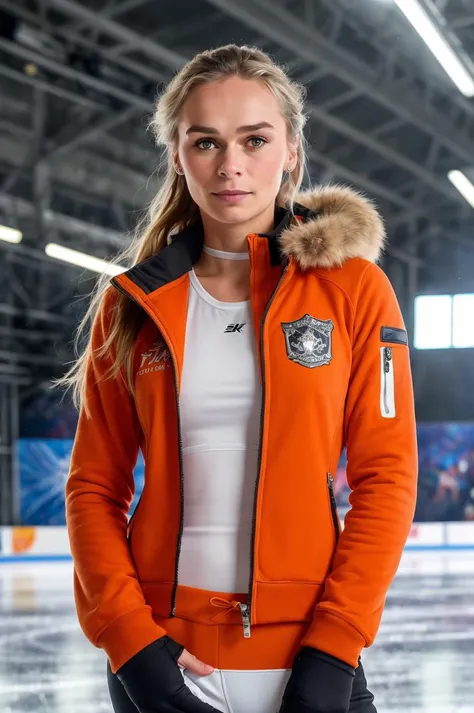 photo of (IreneSchouten_V1), a woman as a professional ice skater, modelshoot style, (extremely detailed CG unity 8k wallpaper), photo of the most beautiful artwork in the world, professional majestic oil painting by Ed Blinkey, Atey Ghailan, Studio Ghibli, by Jeremy Mann, Greg Manchess, Antonio Moro, trending on ArtStation, trending on CGSociety, Intricate, High Detail, Sharp focus, dramatic, photorealistic painting art by midjourney and greg rutkowski, (wearing a orange dutch skater tracksuit:1.1), ((inside an ice skating rink:1.1)), (looking at viewer:1.2), (detailed pupils:1.3), closeup
